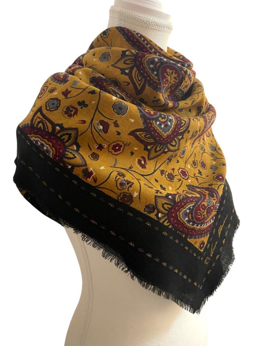Anne Klein Paisley Square Scarf – Mustard Yellow, Burgundy & Black - Picture 6 of 8
